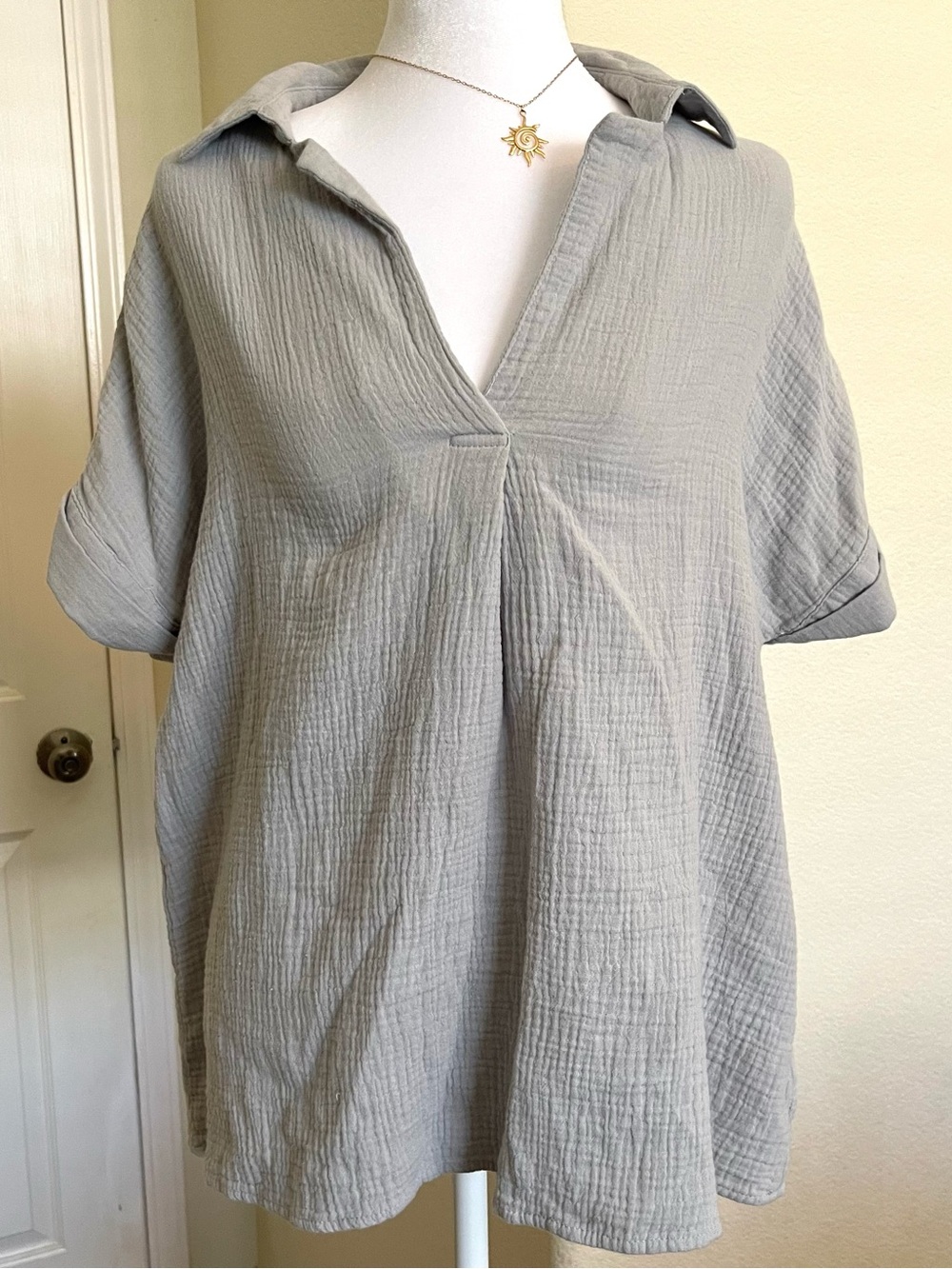 Cotton Bleu 100% Cotton Grey V-Neck Peasant Cottagecore Blouse